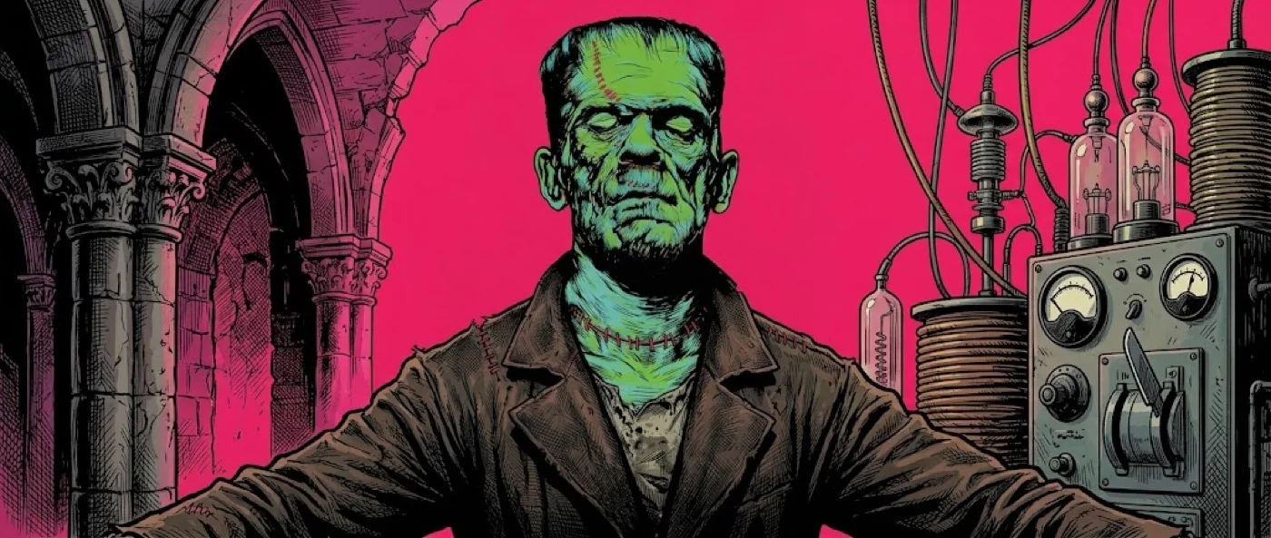 Frankenstein seated inside a bright pink laboratory