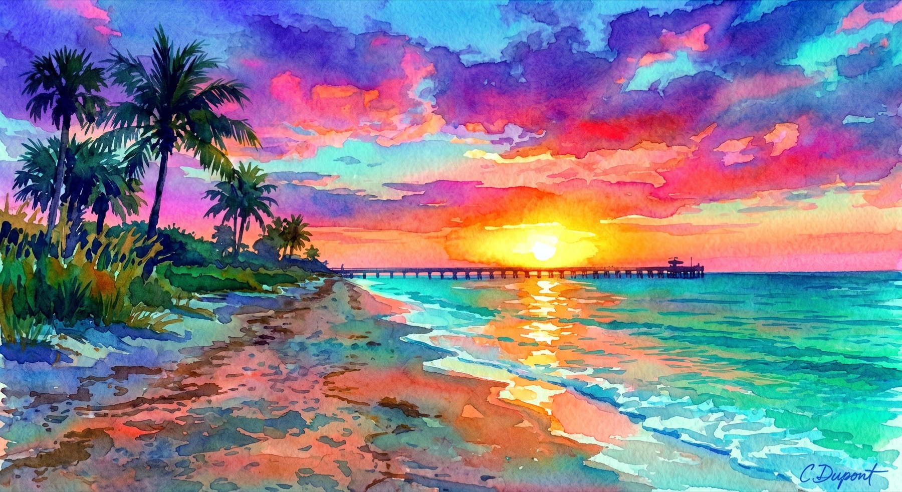 Colorful watercolor beach sunset with palm trees and a pier
