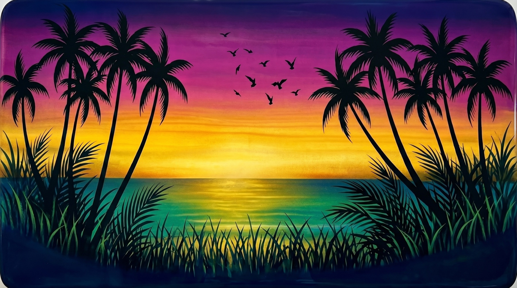 Florida sunset with silhouetted palm trees, birds, and tropical grass