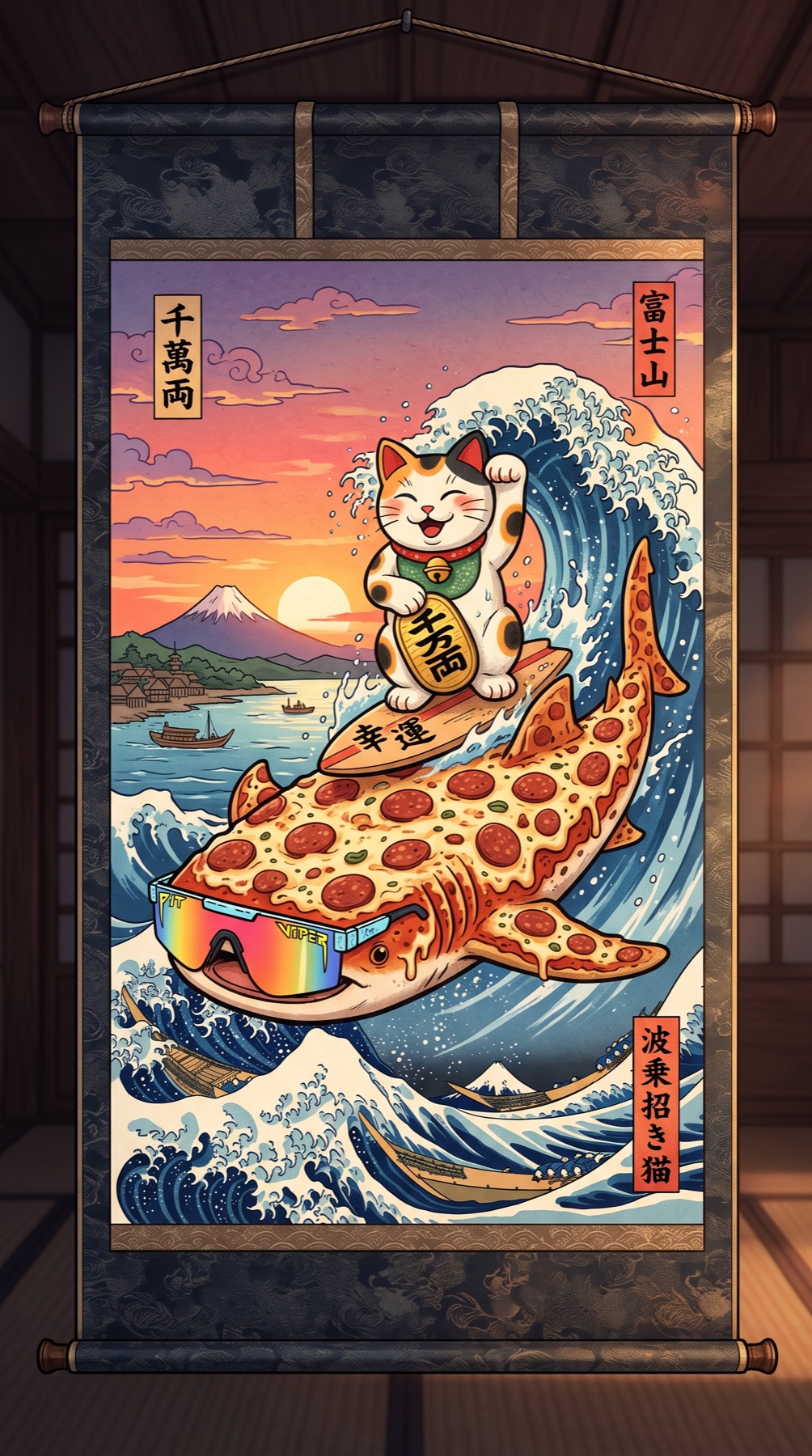 Lucky cat surfing a pizza-styled shark through stylized Japanese waves