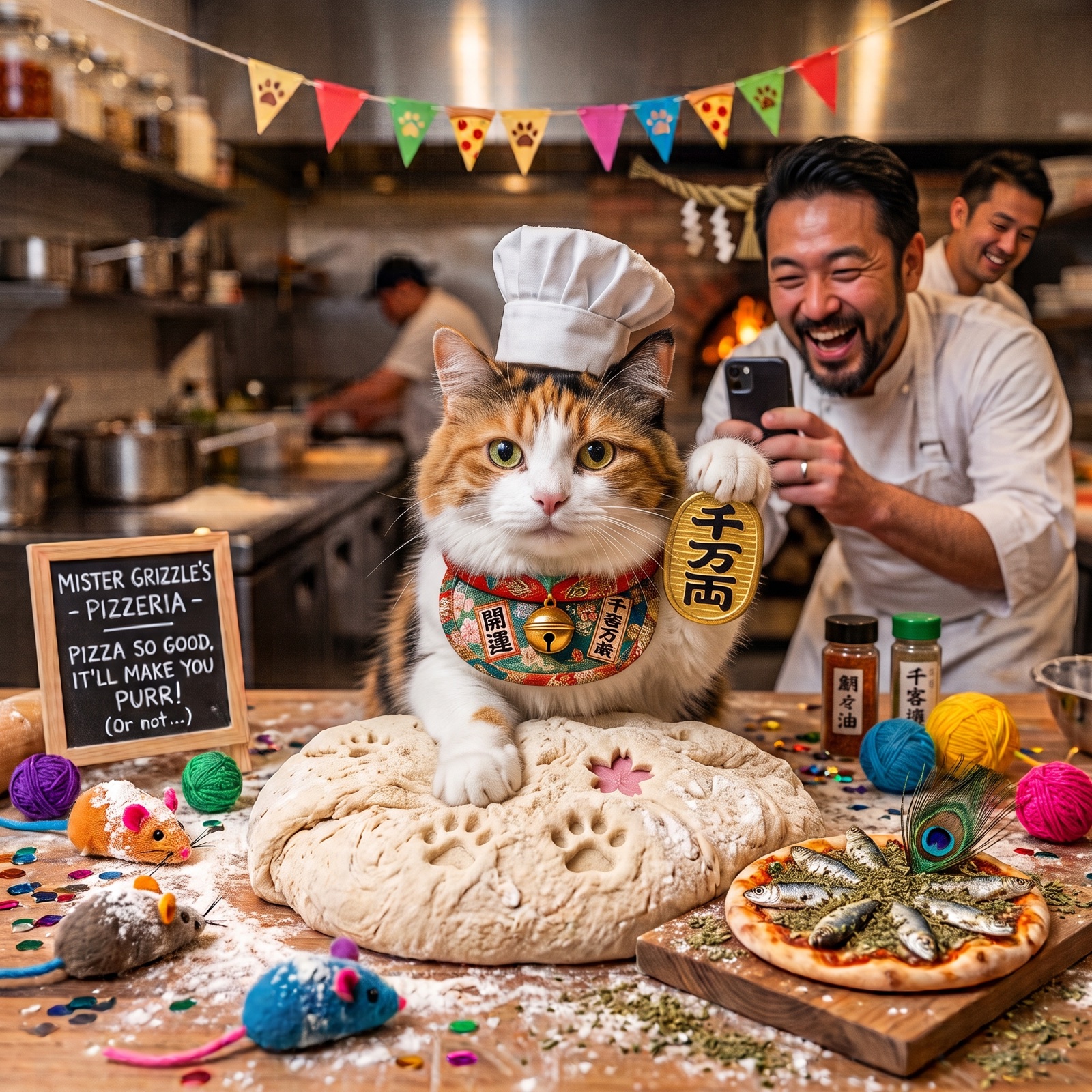 Lucky cat chef in a lively pizzeria surrounded by toys, yarn, and a fish-topped pizza