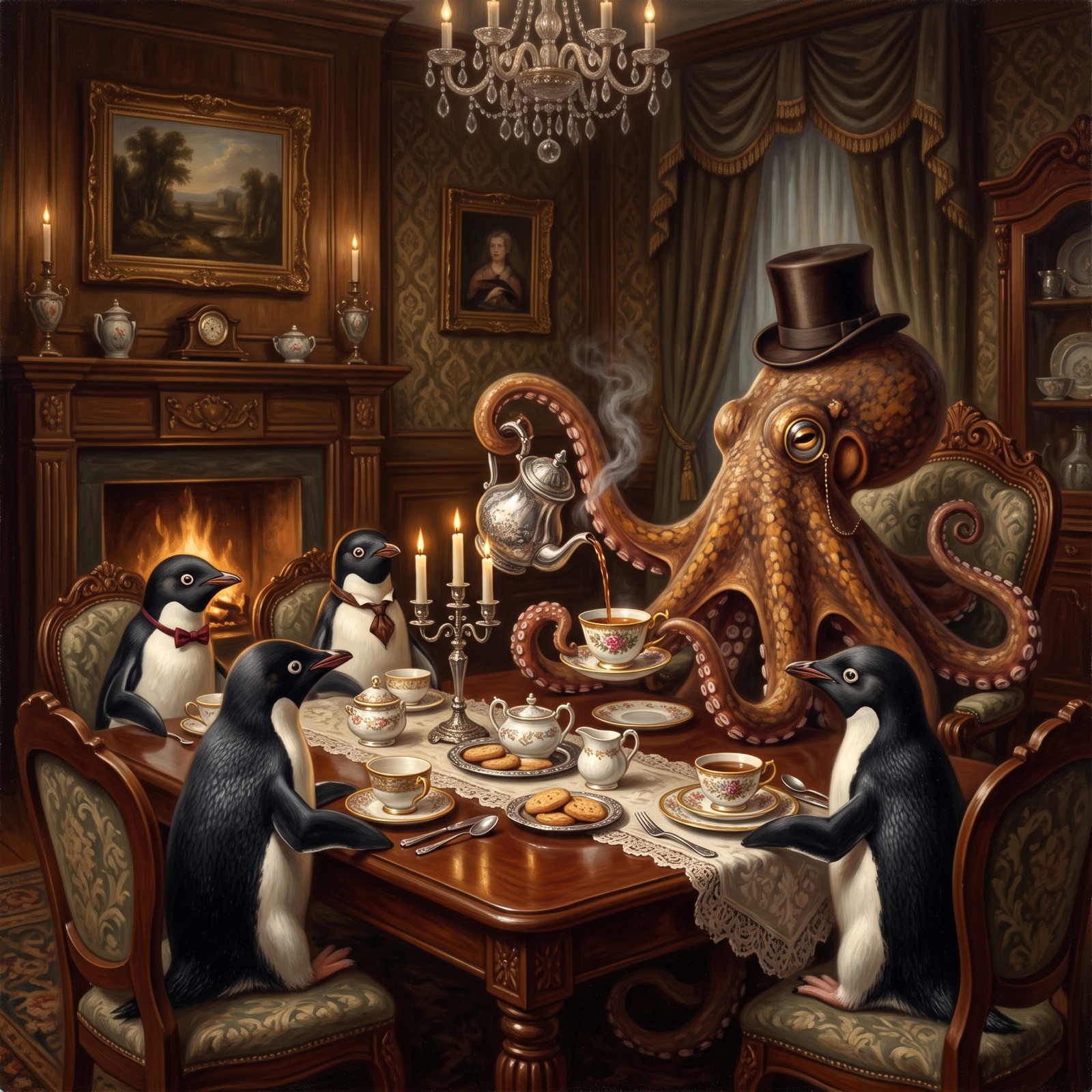 Top-hatted octopus pouring tea for four penguins in an elegant candlelit parlor