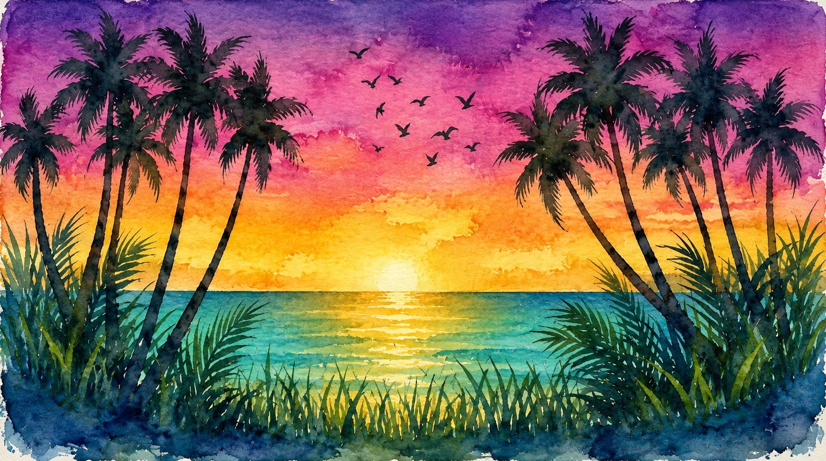 Watercolor tropical sunset framed by dark palm trees and flying birds