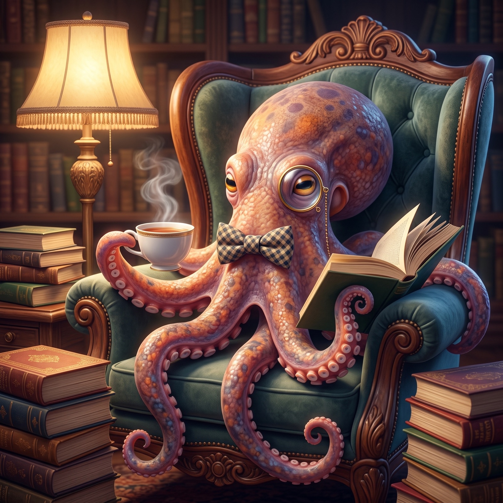 Distinguished octopus wearing a monocle and bow tie while reading with tea in a library