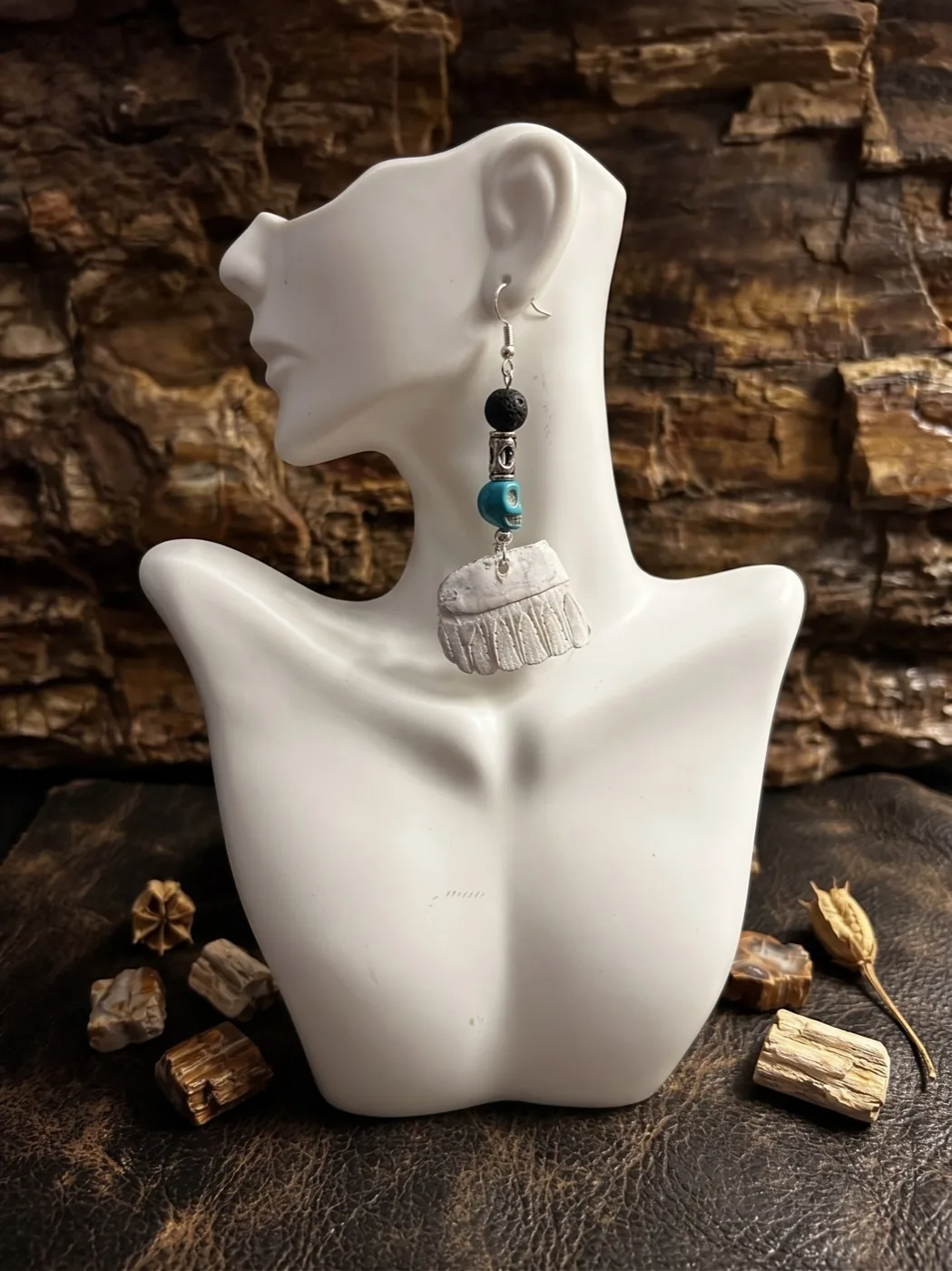 Long earrings with turquoise skull beads and genuine armadillo shell