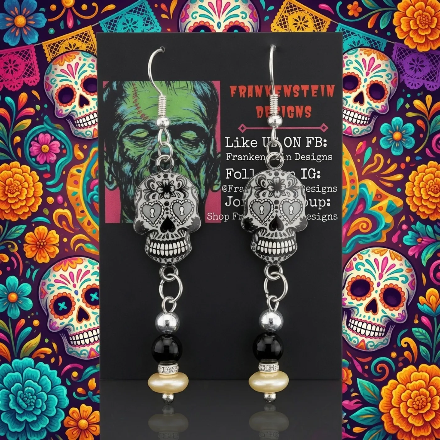 Black sugar skull earrings with black and cream beads