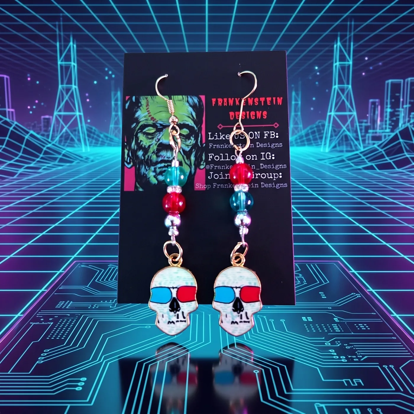Beaded skull earrings with red and blue 3-D glasses