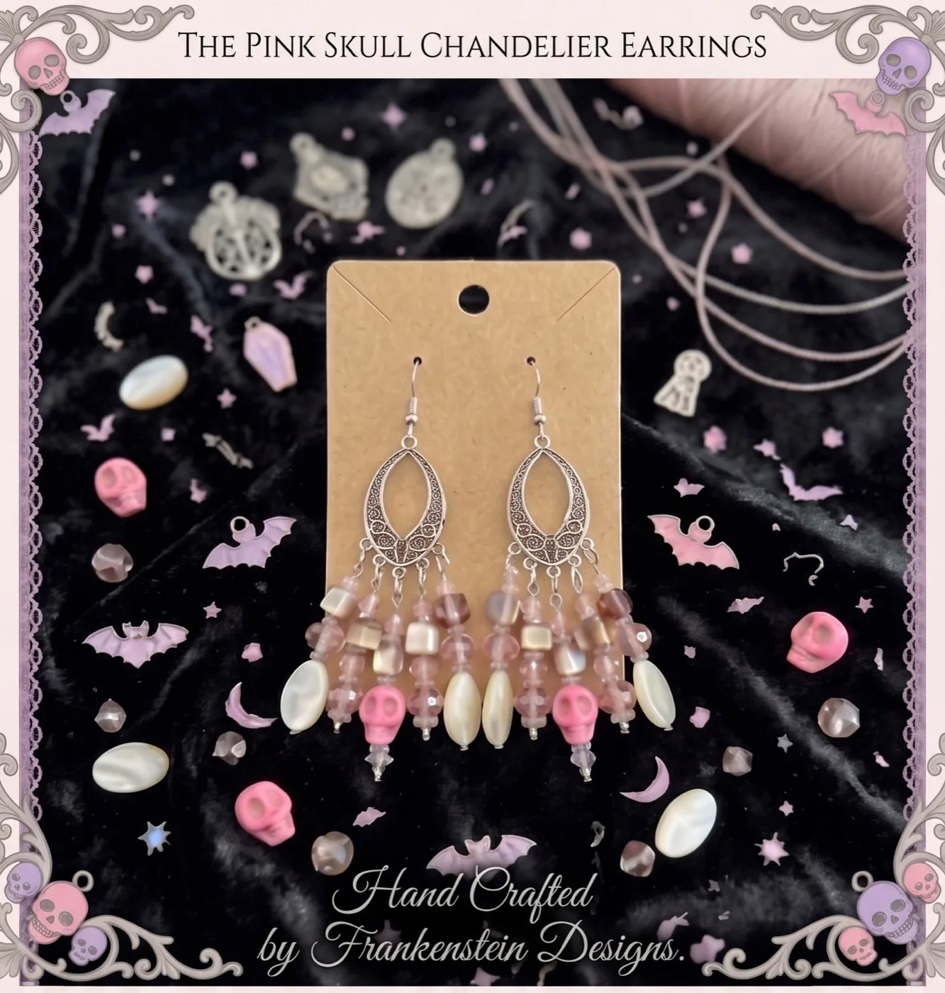 Pink beaded chandelier earrings with skull details