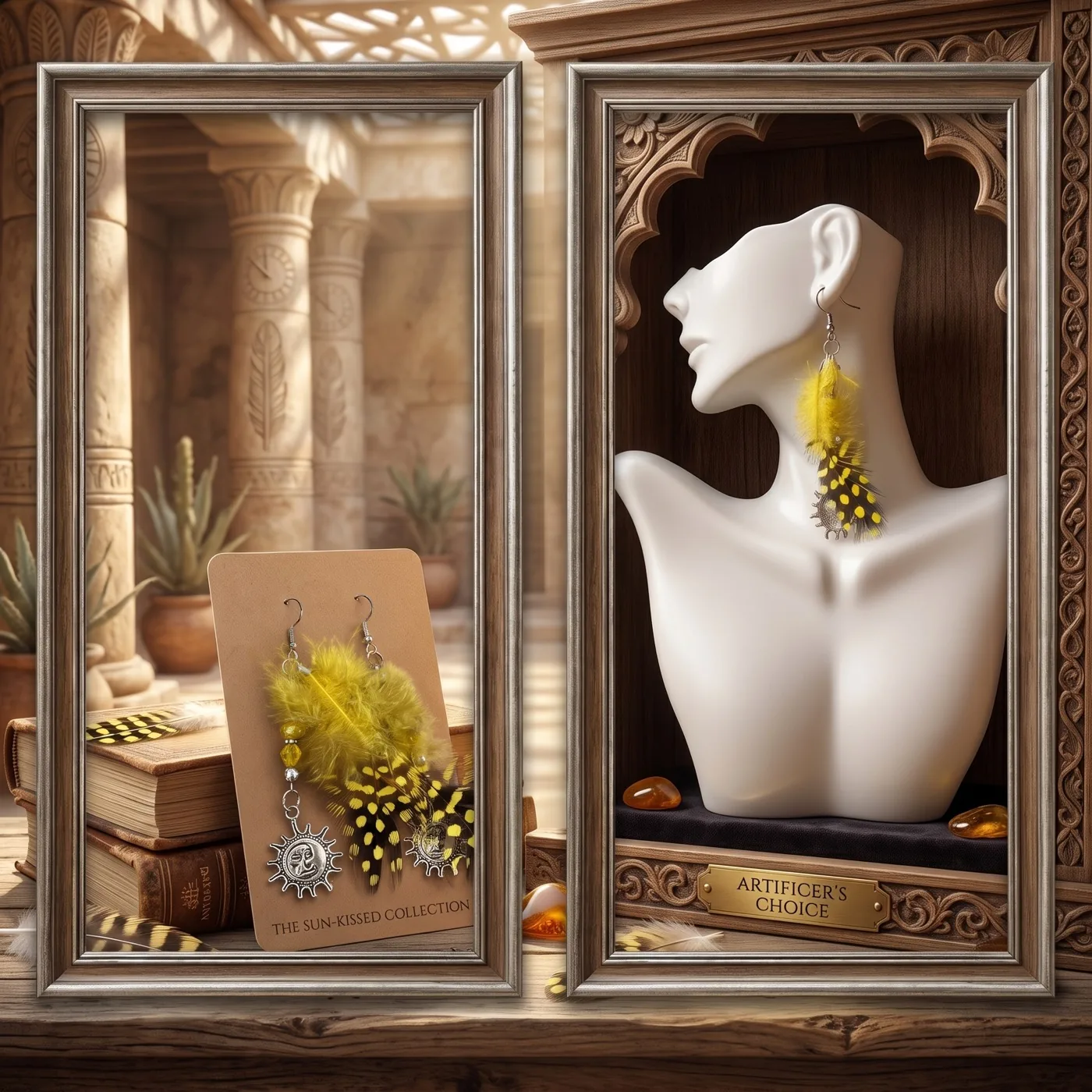 Yellow feather earrings with sun charms